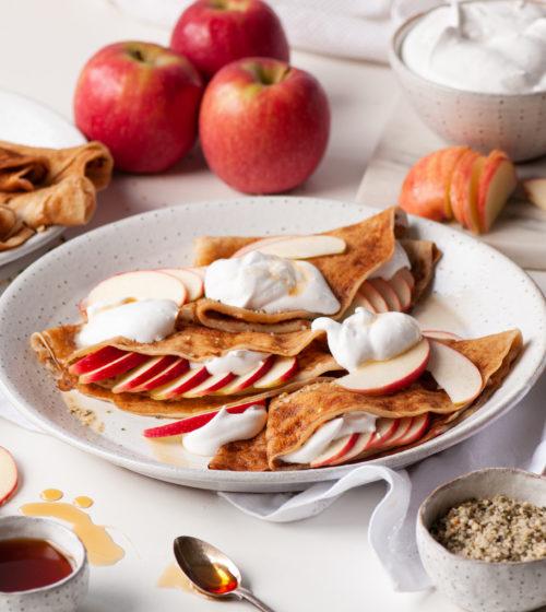 Vegan Pink Lady® apple and maple syrup crêpes