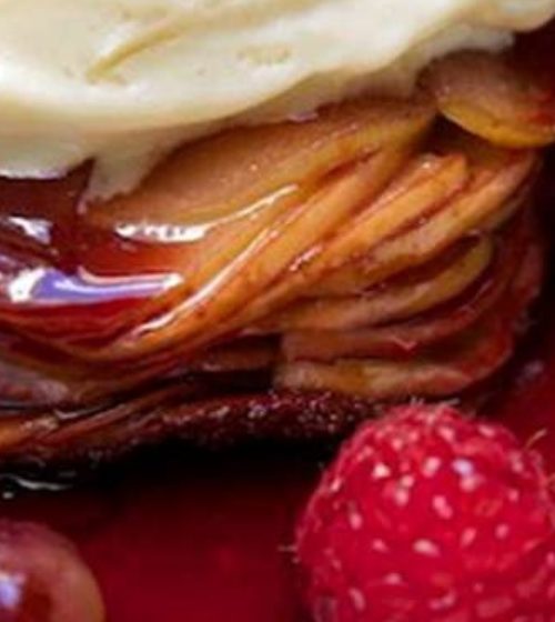 Baked Pink Lady® Apple Stacks with Red Wine Caramel Sauce and Honey Madeleines