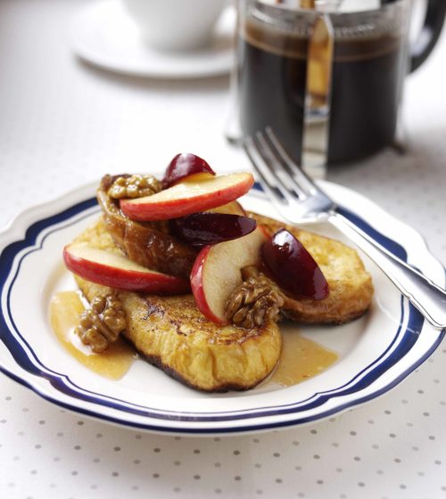 Pain Perdu with Caramelised Apple Wedges, Plums and Walnuts
