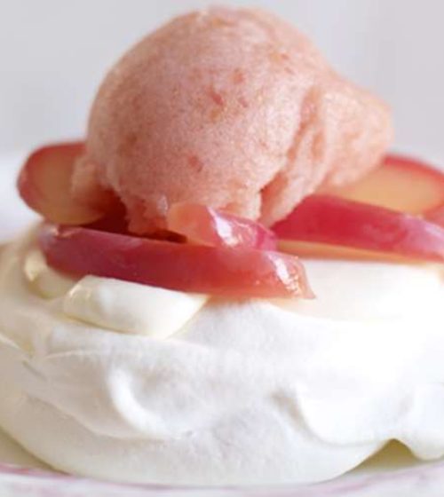 Meringues with Poached Apples and Sorbet