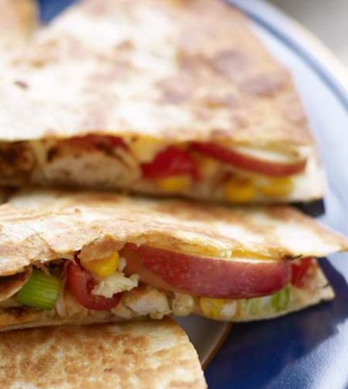 Apple and Chicken Quesadillas with Sour Cream and Guacamole